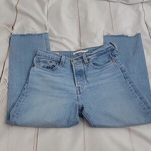 Levis Wegdie Button Fly Straight Cropped Cut Off Raw Hem Denim Jeans size 26
